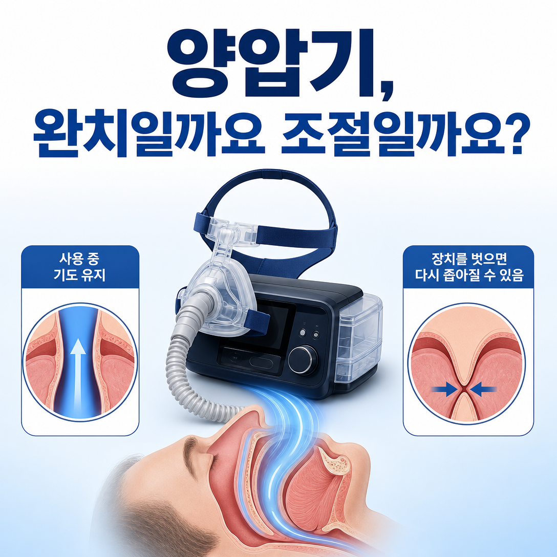 양압기가 수면무호흡증을 완치하기보다 사용하는 동안 기도를 열어 조절하는 원리를 보여주는 대표 이미지