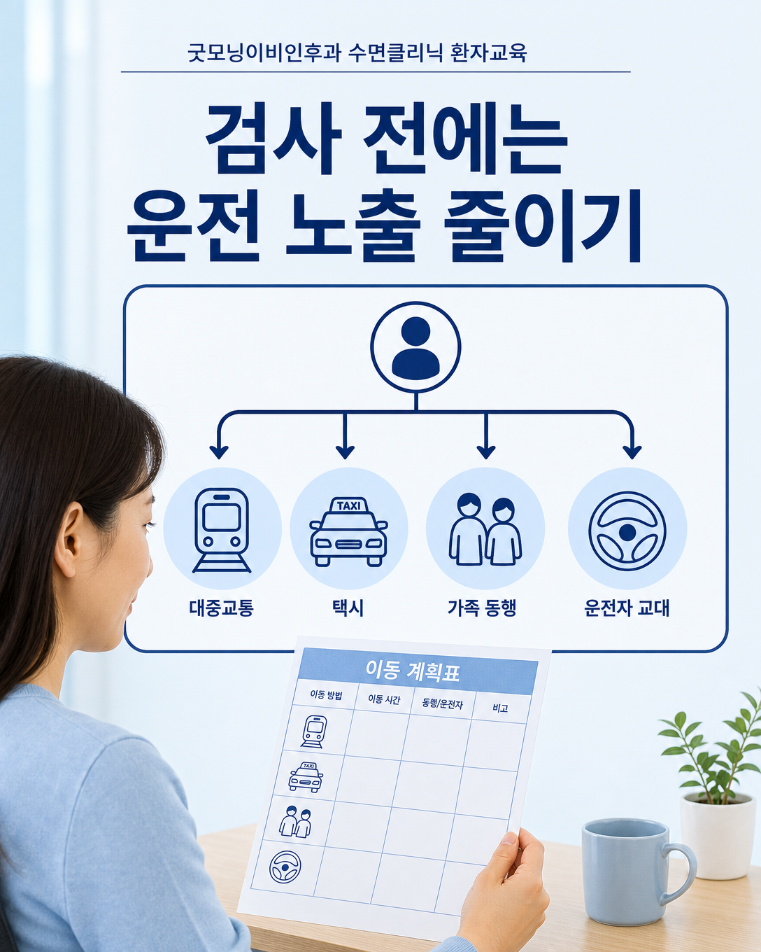수면검사 전 대중교통과 운전자 교대 등으로 운전 노출을 줄이는 방법