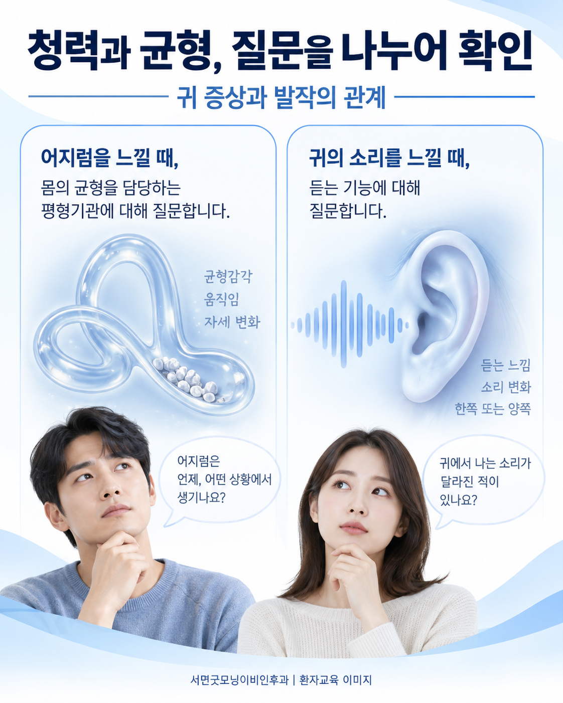 평형과 청력에 관한 질문을 구분하기 위한 개념 그림