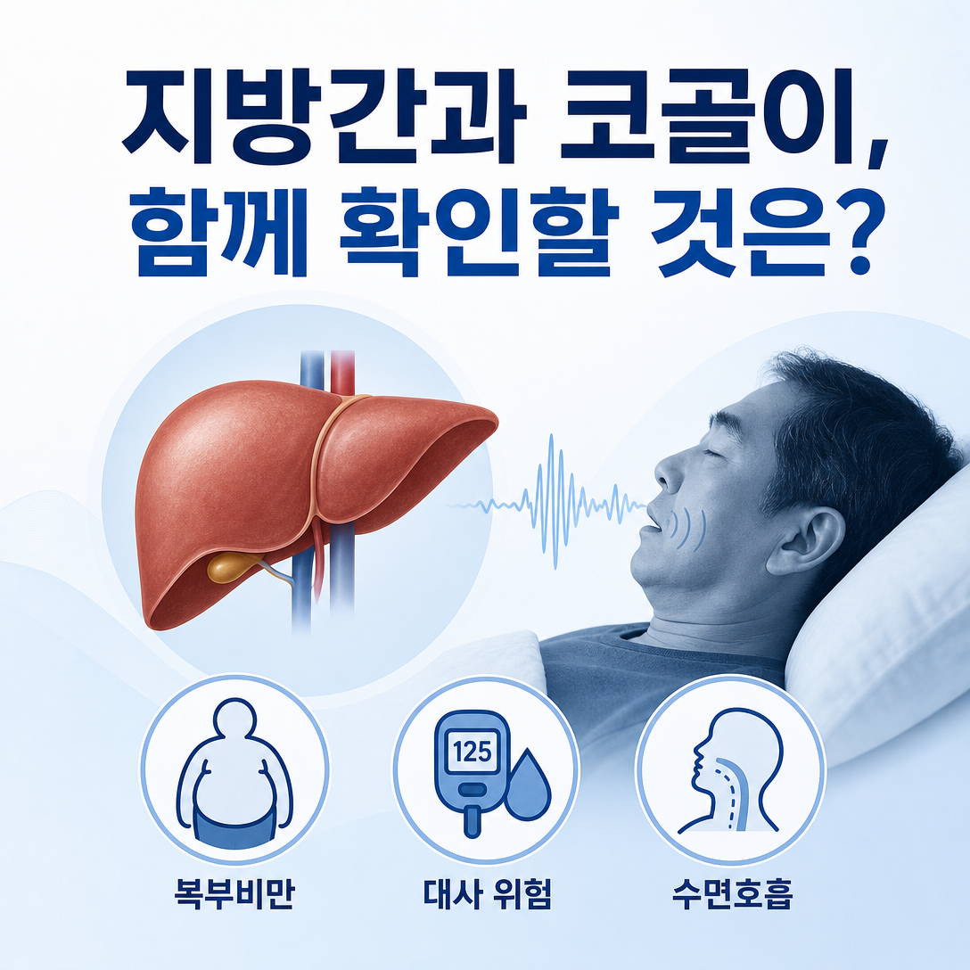 지방간과 코골이가 함께 있을 때 공통 위험요인과 수면무호흡증 평가 필요성을 보여주는 대표 이미지