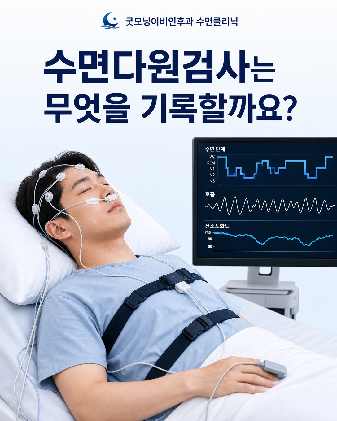 수면다원검사에서 뇌파, 호흡 기류, 호흡 노력과 산소포화도를 기록하는 모습