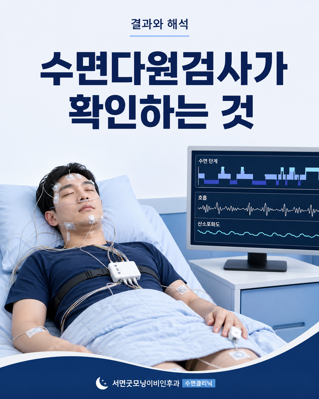 수면다원검사로 수면 단계와 호흡, 산소포화도를 기록하는 모습
