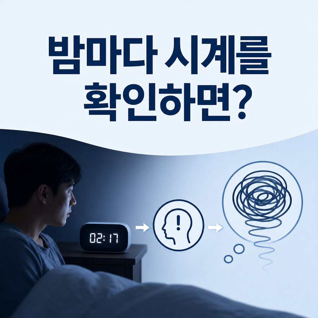 밤에 시계를 반복해서 확인하며 불면과 긴장을 느끼는 상황을 표현한 대표 이미지