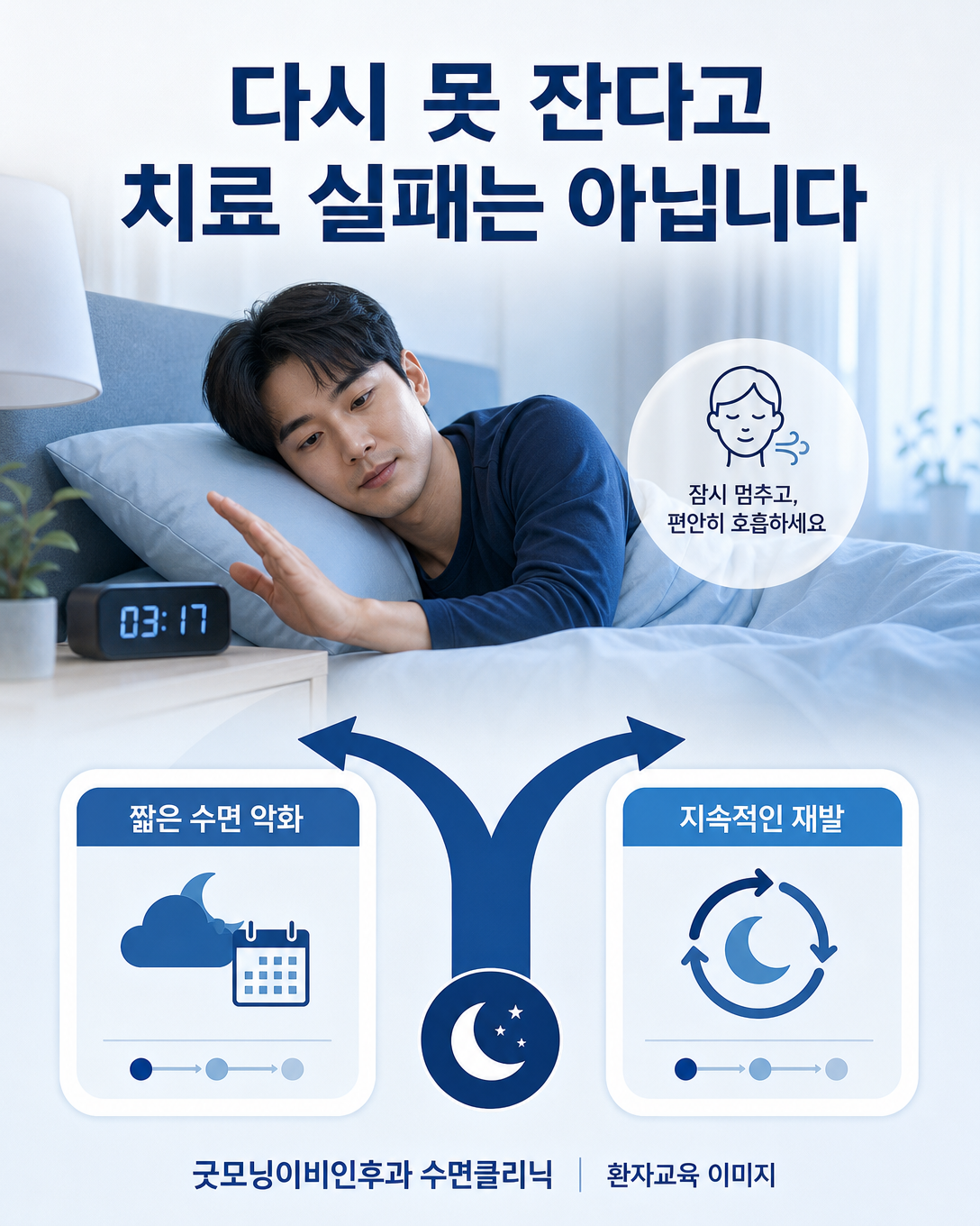 불면증이 일시적으로 악화된 경우와 지속적인 재발을 구분하는 환자교육 이미지
