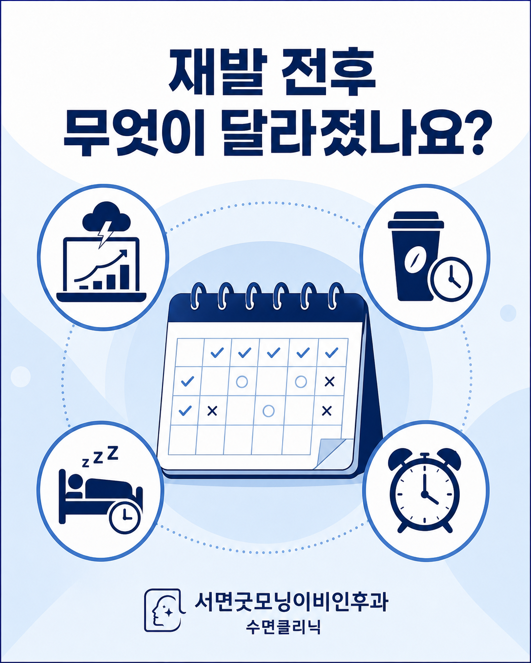 스트레스, 카페인, 낮잠, 불규칙한 기상 등 불면증 재발 계기를 점검하는 이미지