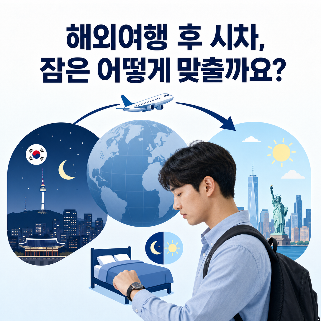 해외여행 후 시차로 잠이 안 올 때 밤낮과 수면 시간을 조절하는 방법을 나타낸 대표 이미지