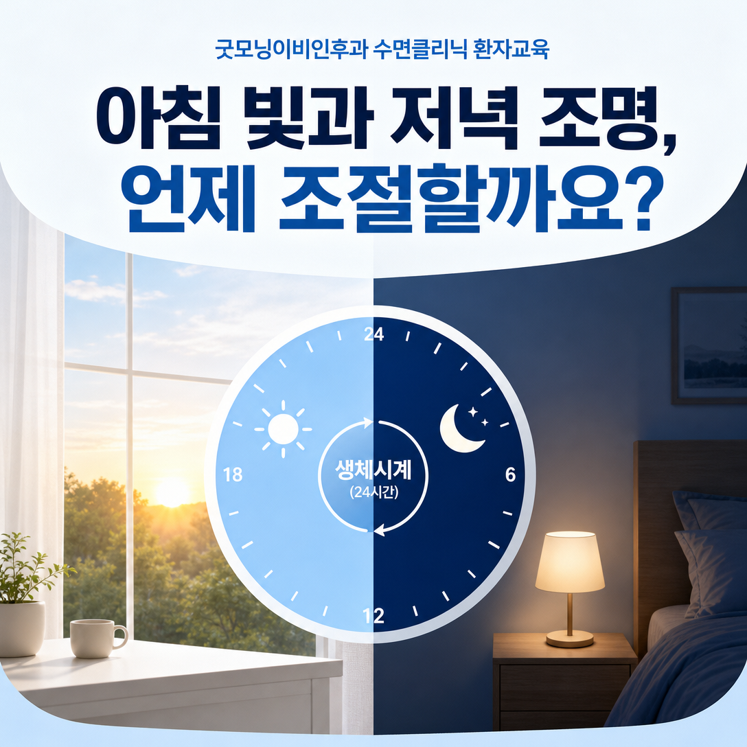 수면리듬 조절을 위한 아침 햇빛과 저녁 조명 원칙을 보여주는 대표 이미지