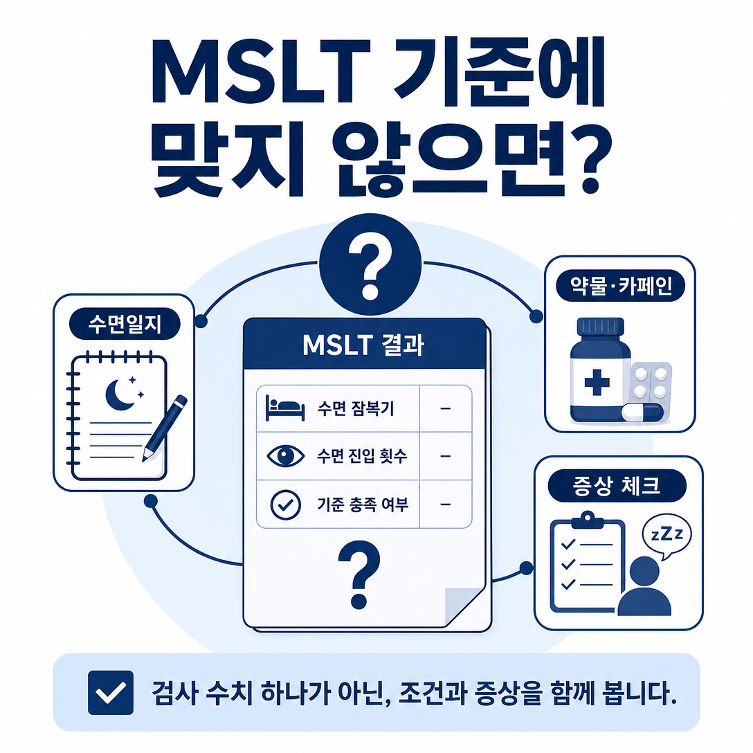 MSLT 결과가 기면증 기준에 맞지 않을 때 검사 조건과 증상을 함께 확인하는 대표 이미지