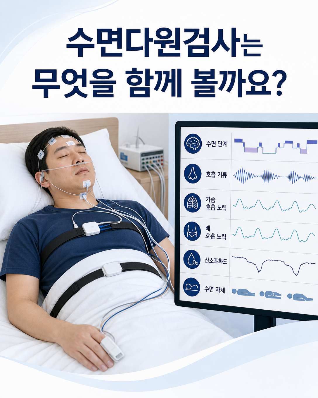 수면다원검사에서 수면 단계와 호흡, 산소포화도 및 자세를 기록하는 모습
