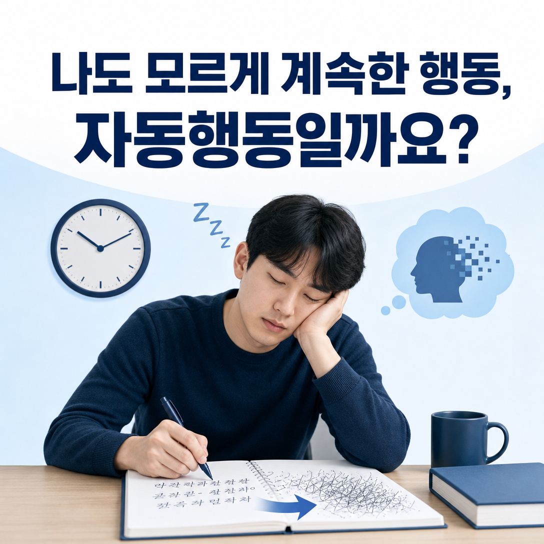 기면증 환자가 졸린 상태에서 필기를 계속하지만 내용을 기억하지 못할 수 있는 자동행동 안내 이미지