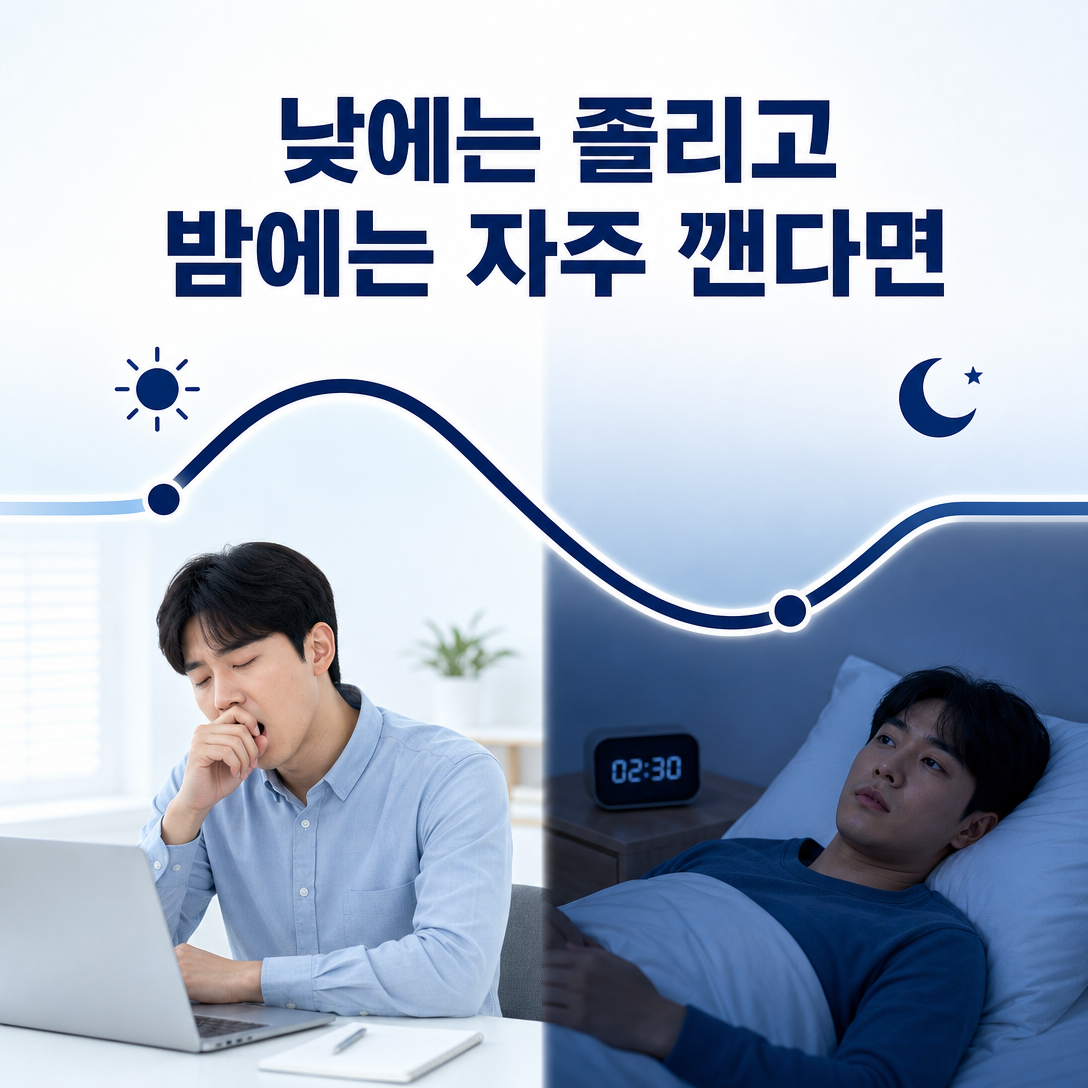 낮에는 졸리고 밤에는 자주 깨는 기면증의 수면 양상을 표현한 환자교육 이미지