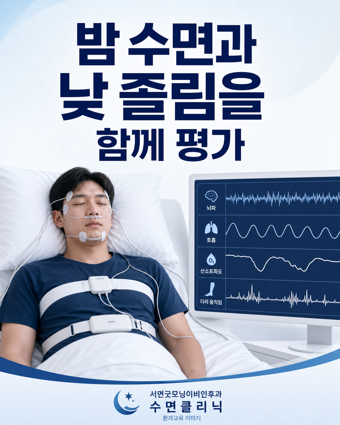 야간 수면다원검사로 수면 구조와 호흡 및 움직임을 평가하는 모습