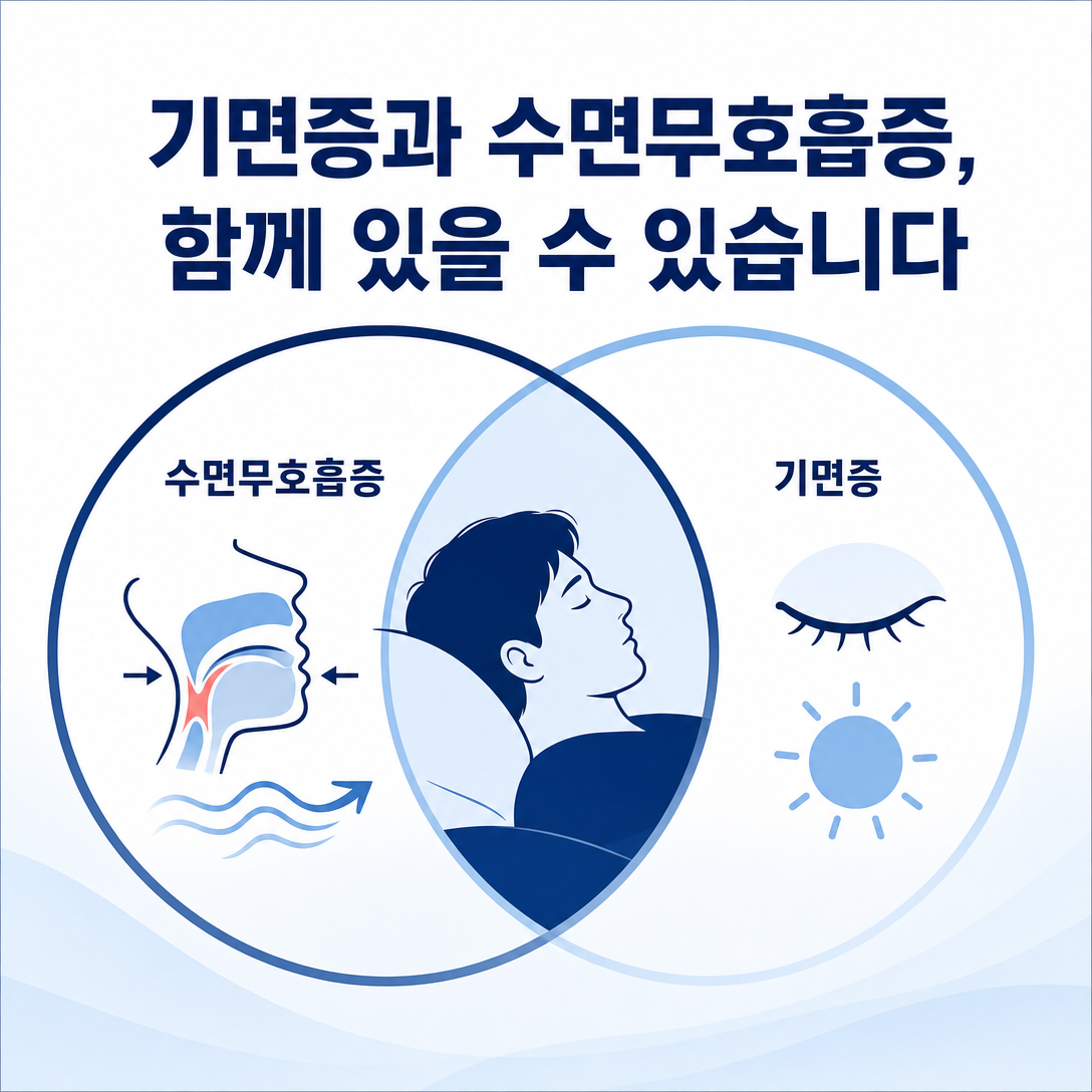 기면증과 수면무호흡증이 한 사람에게 함께 나타날 수 있음을 설명하는 대표 이미지