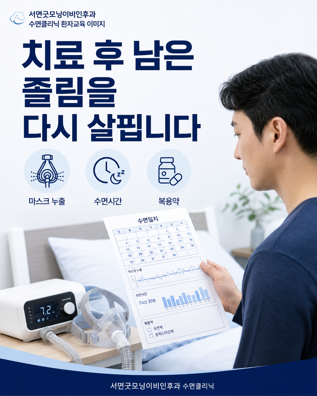 양압기 치료 후 남은 졸림을 평가할 때 사용 기록과 수면시간을 확인하는 이미지