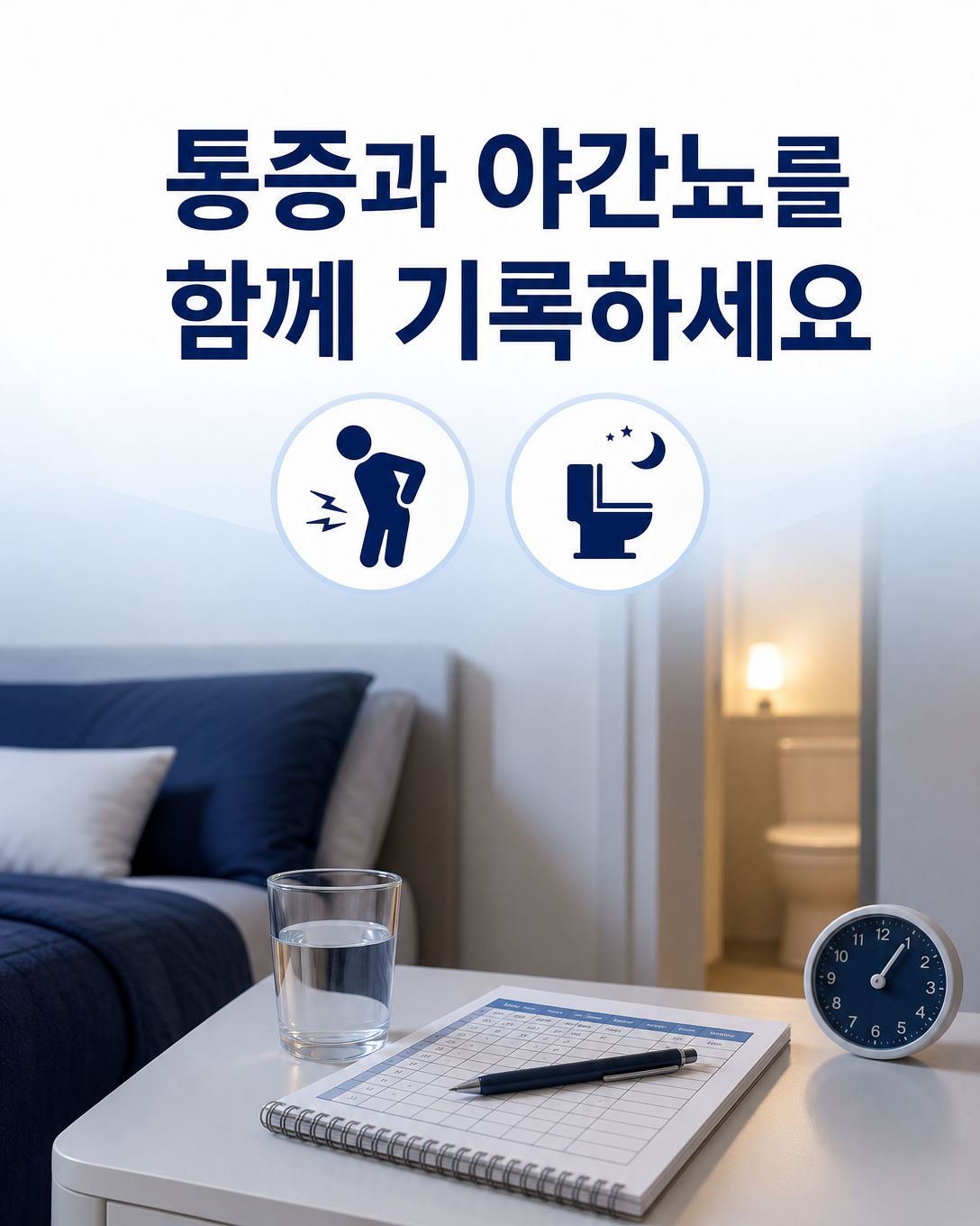 통증과 야간뇨로 인한 야간 각성을 수면일지에 기록하는 침실 이미지