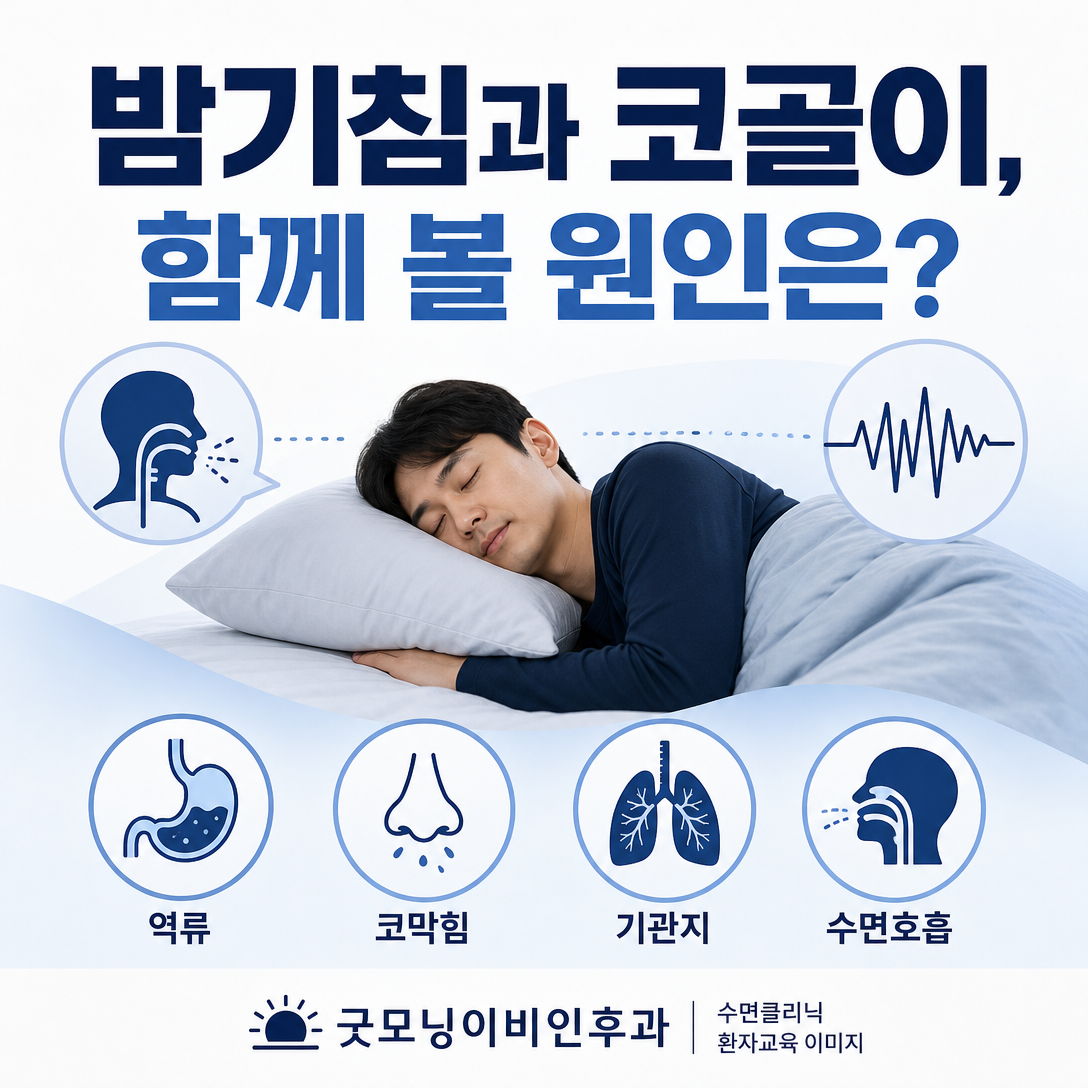 밤기침과 코골이가 함께 있을 때 역류·천식·코막힘·수면호흡 원인을 구분하는 대표 이미지