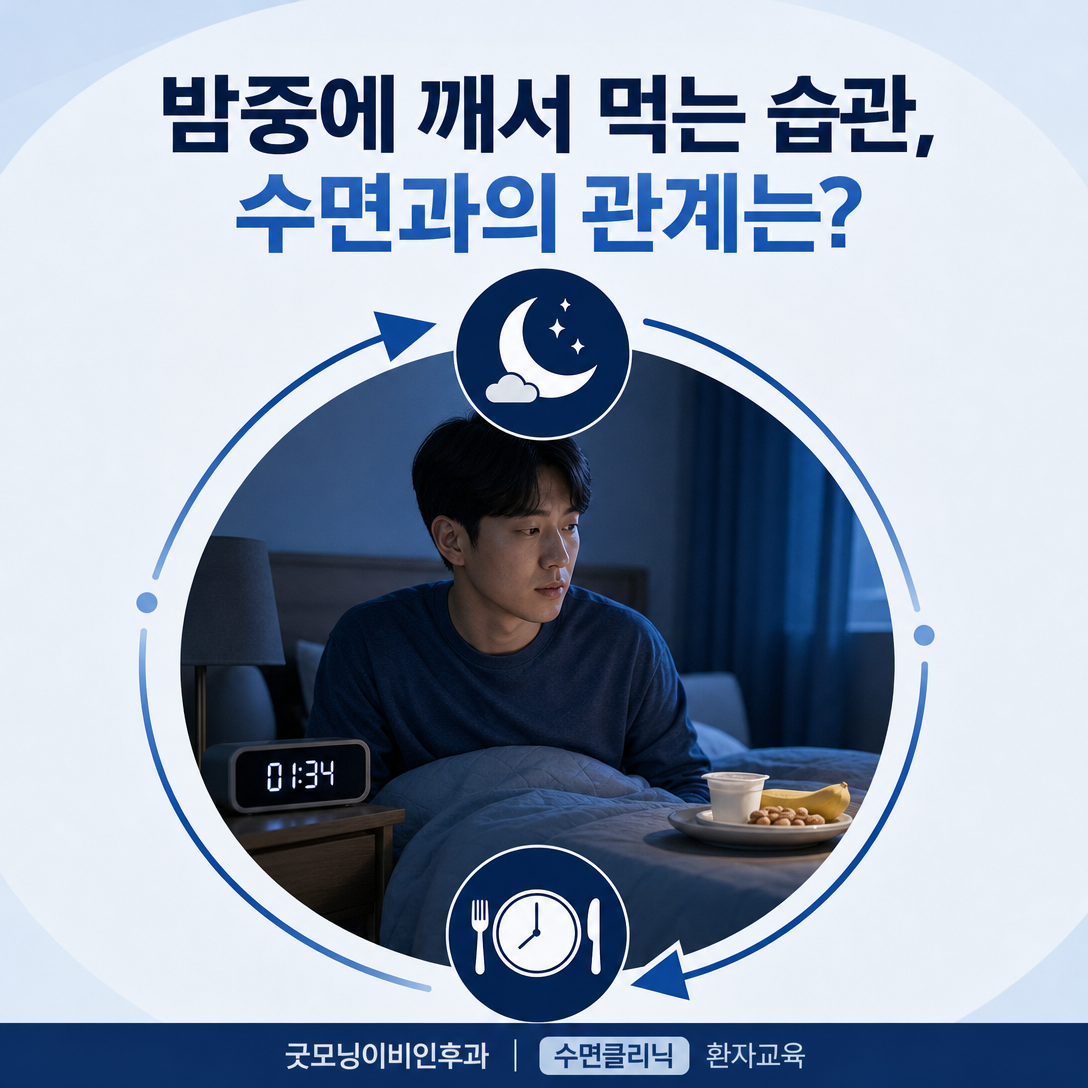 밤중에 깨어 배고파 음식을 먹는 습관과 수면의 관계를 보여주는 대표 이미지