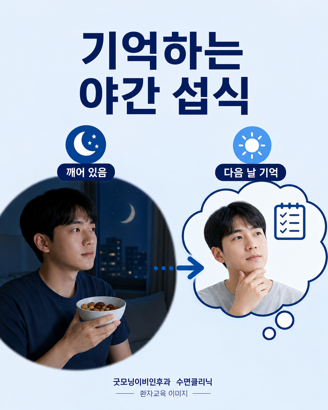 먹은 일을 다음 날 기억하는 야간 섭식의 특징을 보여주는 환자교육 이미지