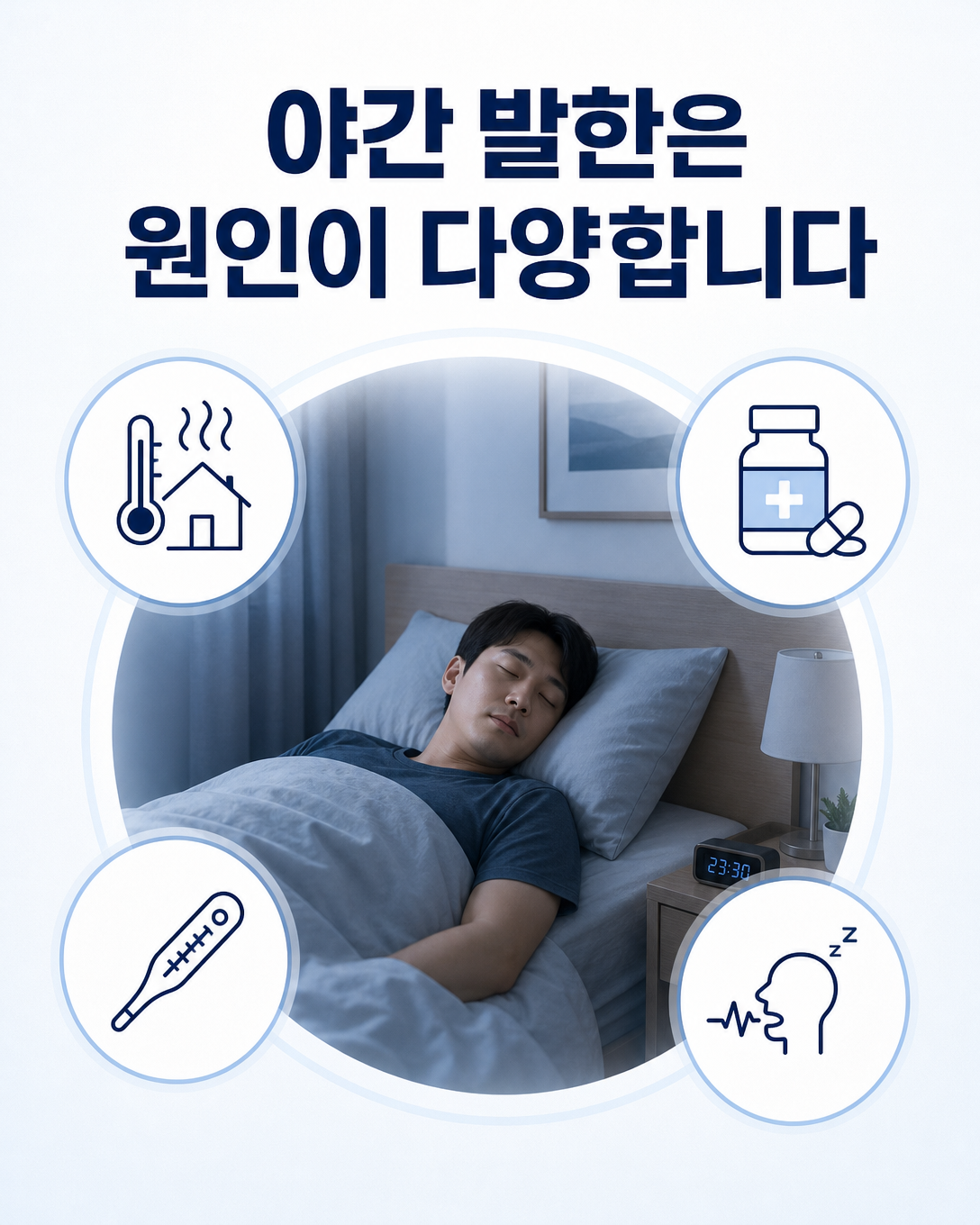 성인 야간 발한의 원인으로 침실 환경, 약물, 동반질환과 코골이를 구분한 인포그래픽