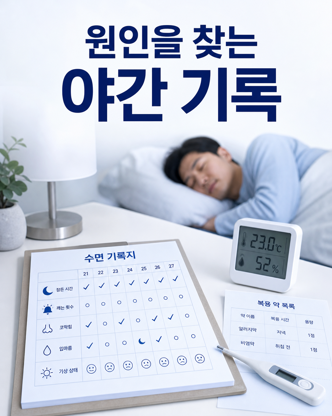 야간 발한과 코골이, 체온, 약물 및 침실 온도를 함께 기록하는 수면 증상 기록 이미지