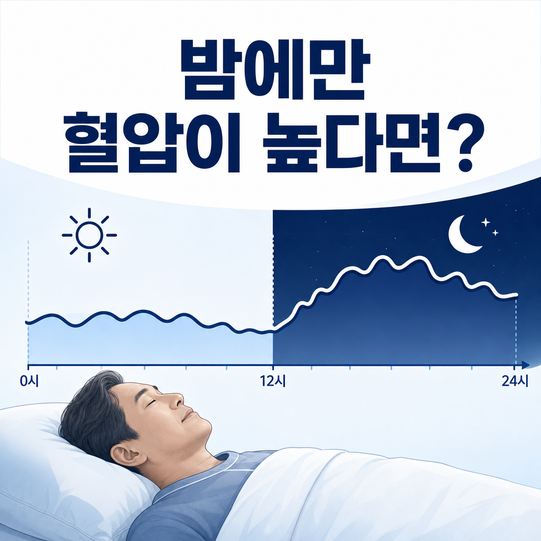 낮에는 정상인 혈압이 밤에 높아지는 상황과 수면 중 호흡 평가를 표현한 이미지