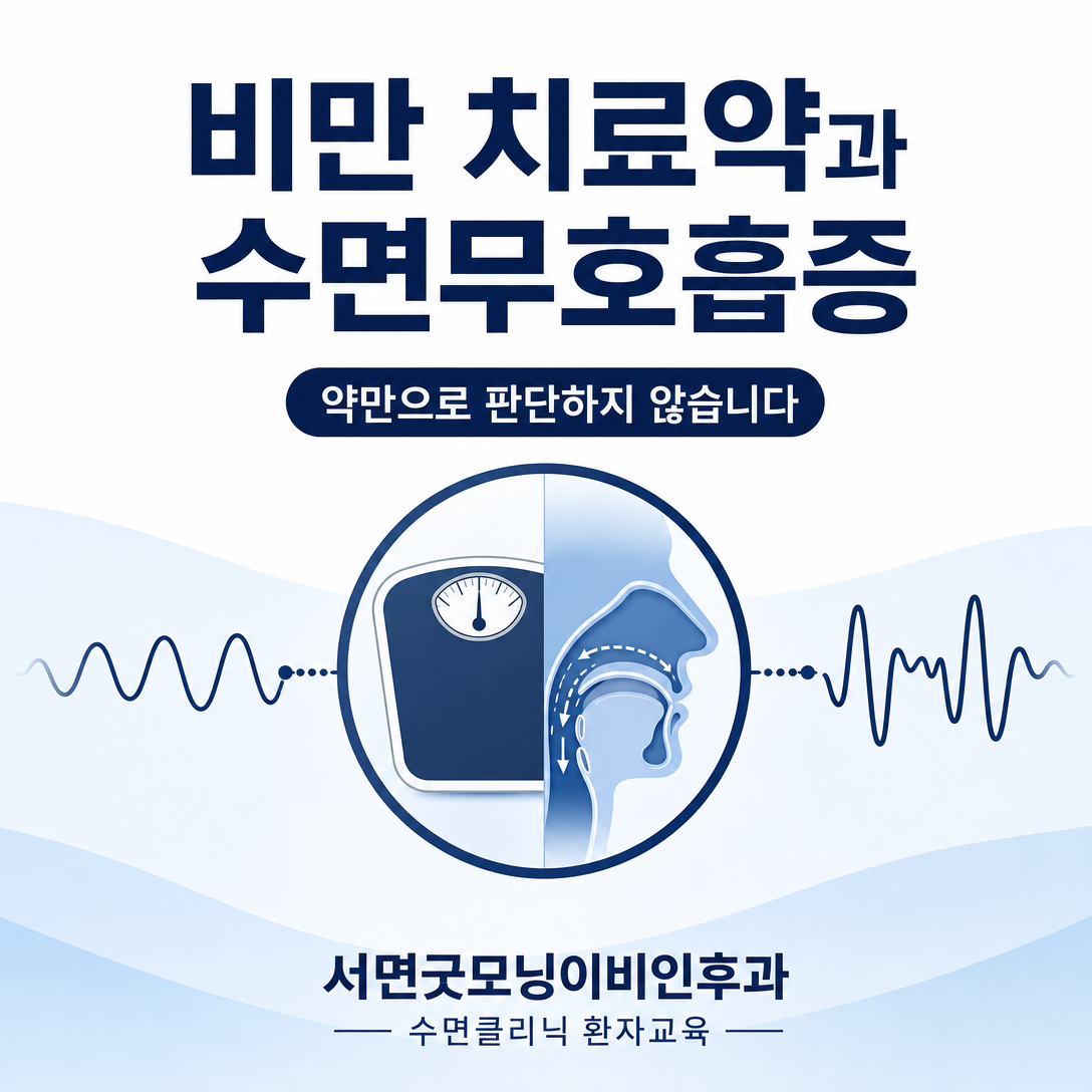 비만 치료약과 수면무호흡증의 관계를 체중계와 수면 호흡 파형으로 설명한 대표 이미지