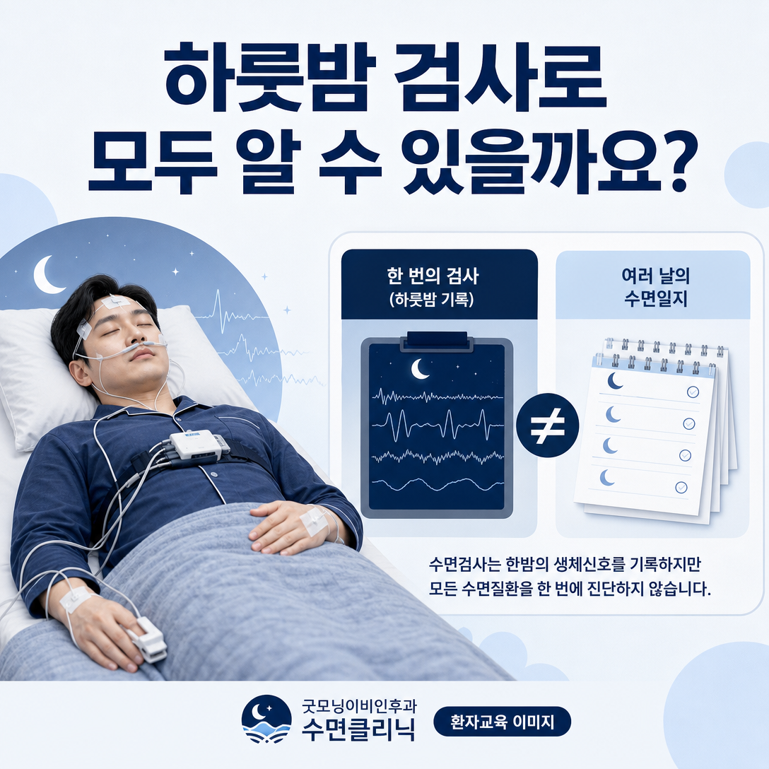 하룻밤 수면다원검사와 여러 날의 수면일지를 비교해 검사의 역할과 한계를 설명하는 이미지