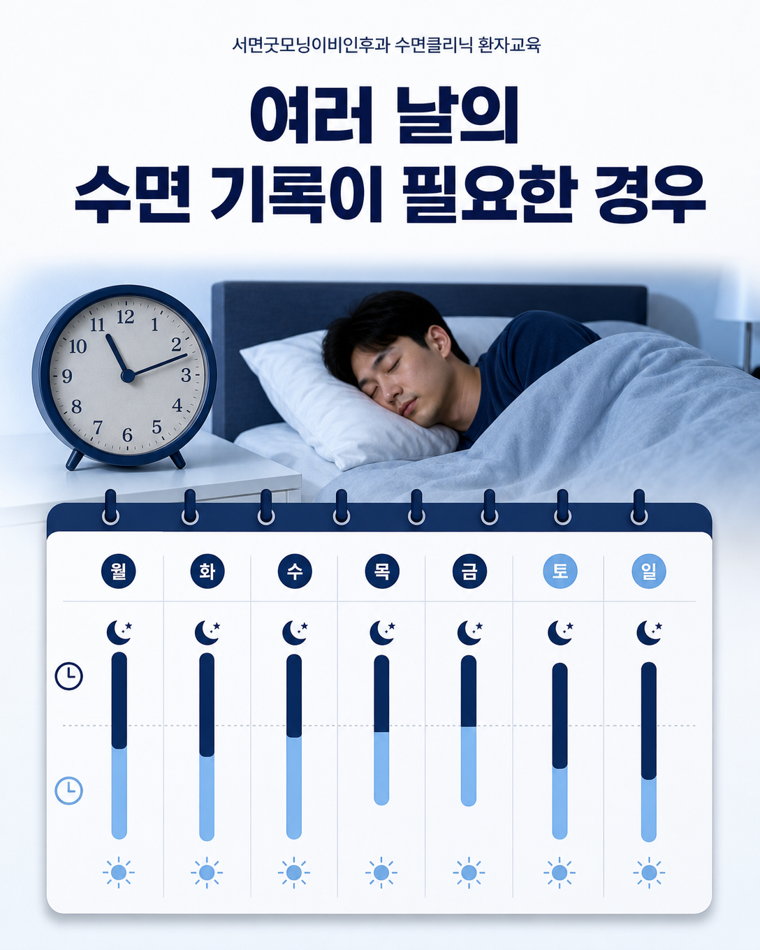 불면과 불규칙한 수면 리듬을 확인하기 위해 여러 날 작성하는 수면일지