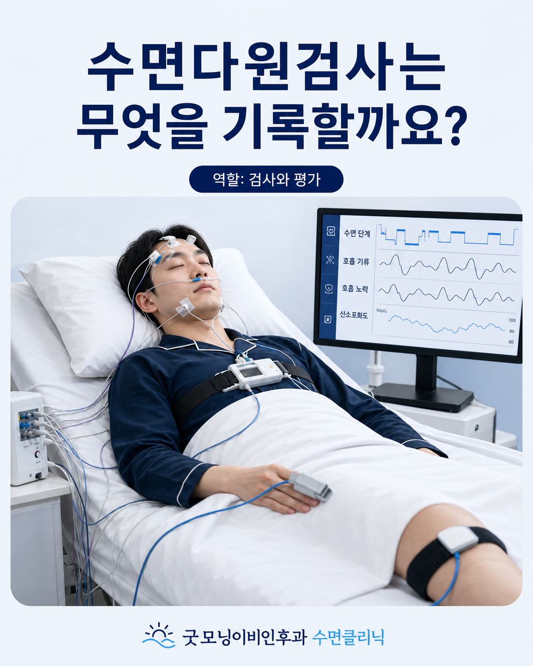수면 단계와 호흡 기류, 호흡 노력, 산소포화도를 기록하는 수면다원검사