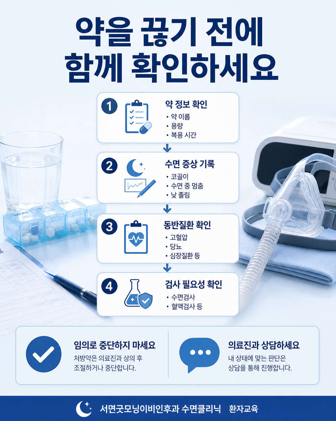 복용 약물과 수면 증상을 정리하고 임의 중단 전에 상담하는 과정