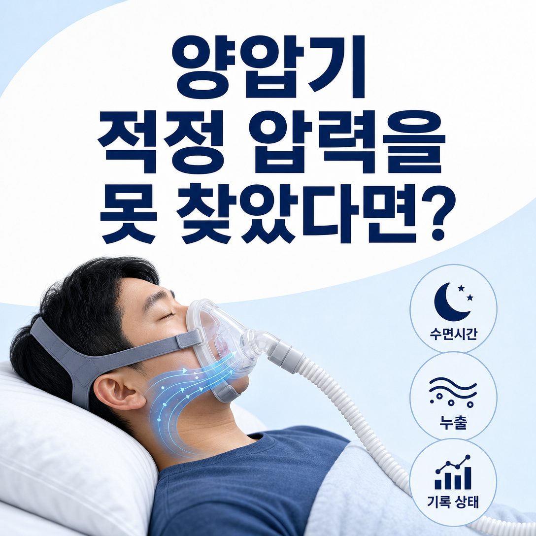 양압기 압력검사에서 적정 압력을 찾지 못했을 때 수면시간과 누출, 기록 상태를 확인하는 대표 이미지