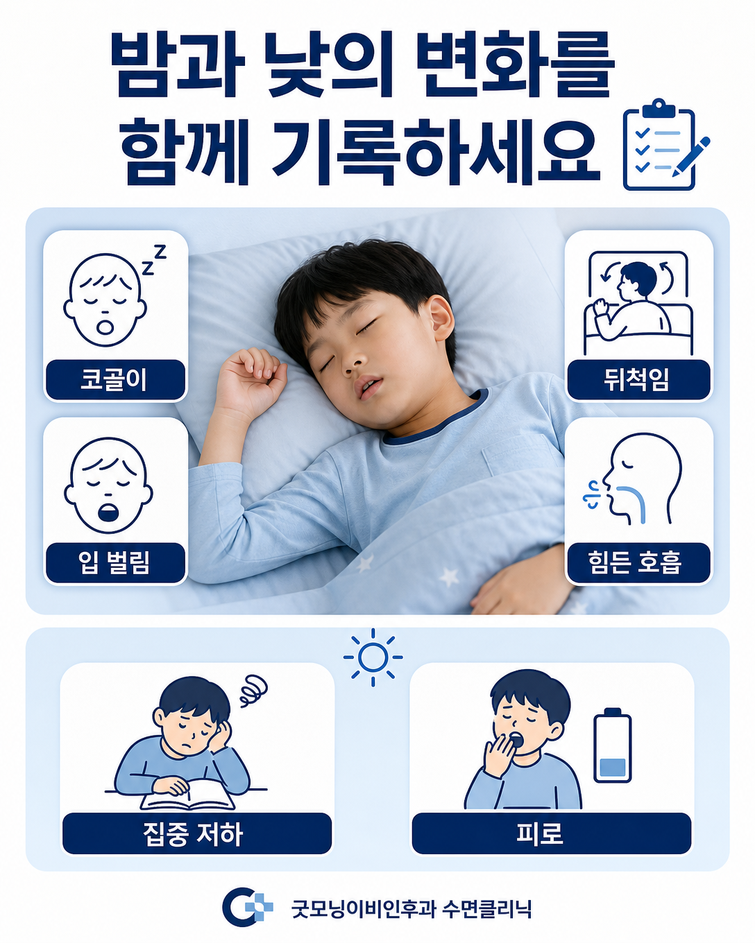 아이의 코골이와 입 벌림, 뒤척임 및 낮 피로를 함께 기록하는 방법을 보여주는 그림