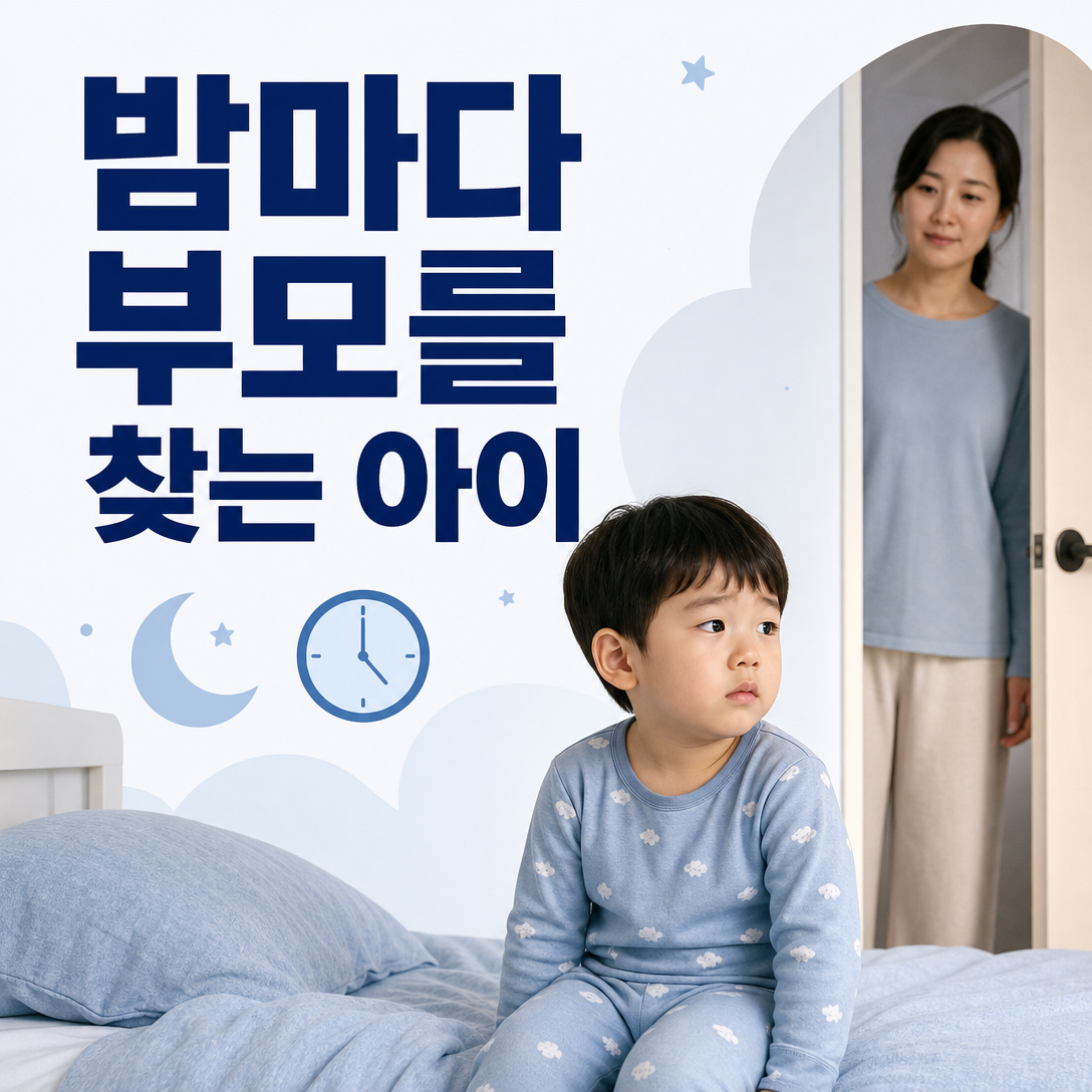 잠자리에 들기를 망설이며 밤마다 부모를 찾는 아이를 표현한 소아 수면 안내 이미지