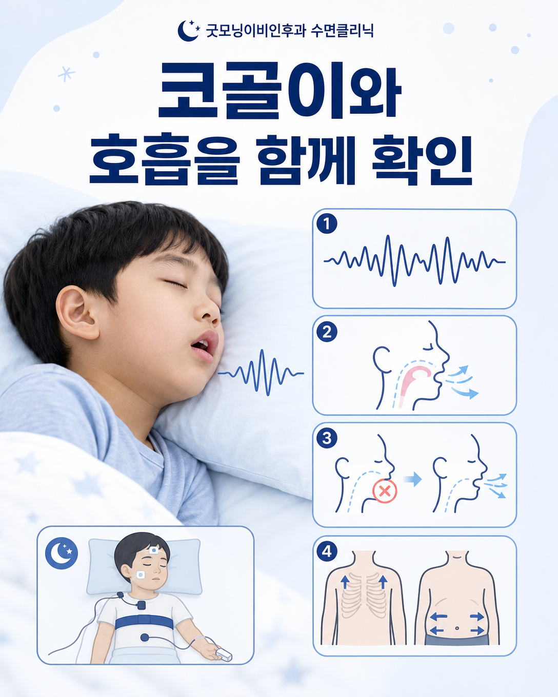 아이의 코골이와 입호흡, 숨 멎음 등 수면호흡장애 관찰 항목을 설명하는 이미지