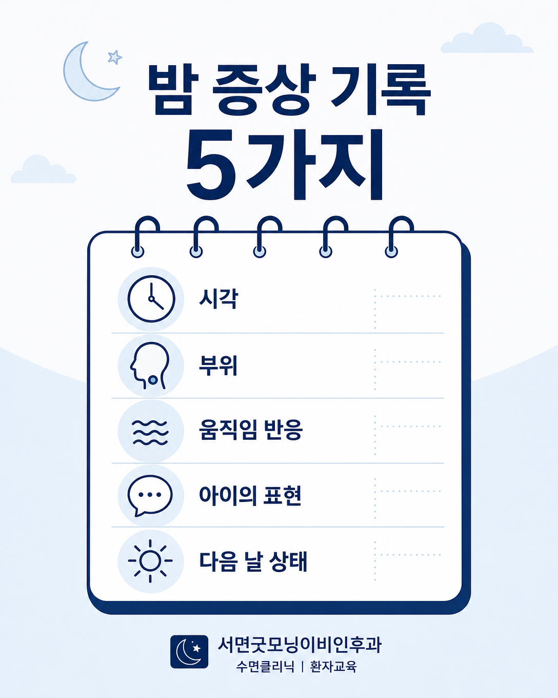 야간 다리 증상의 시간과 부위, 움직임 반응을 기록하는 다섯 가지 항목