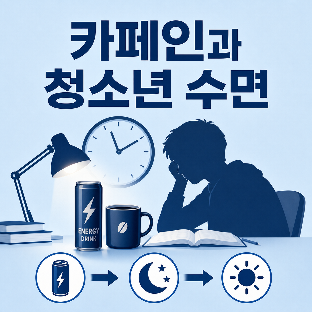 청소년의 카페인 섭취가 늦은 취침과 다음 날 졸림으로 이어지는 과정을 나타낸 대표 이미지