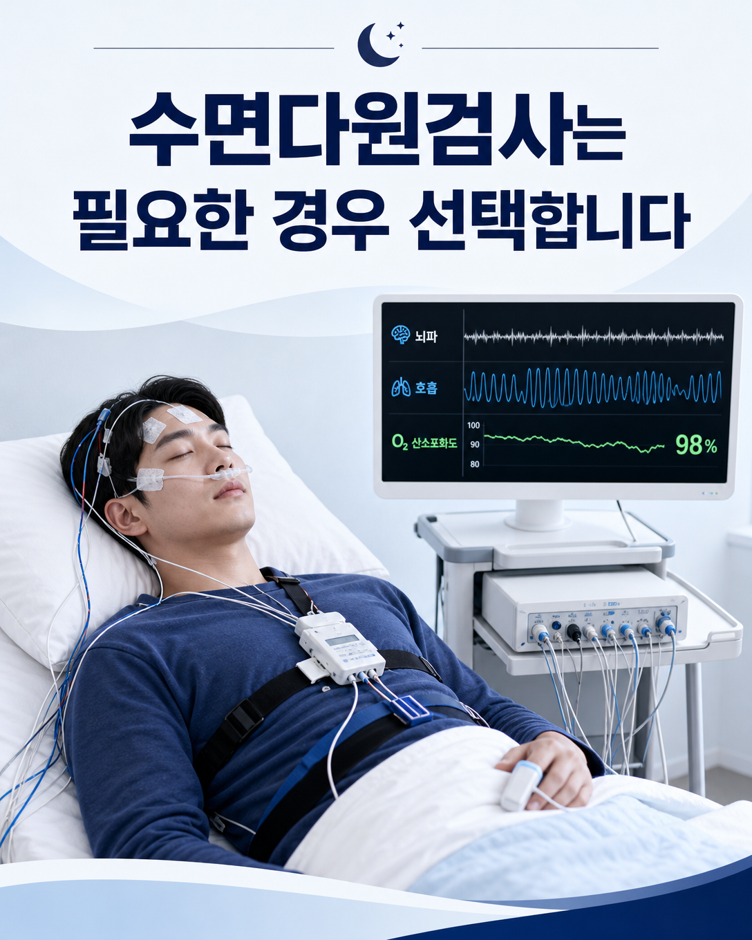 반복적인 과다수면 평가에서 필요한 경우 시행하는 수면다원검사 장비와 생체신호