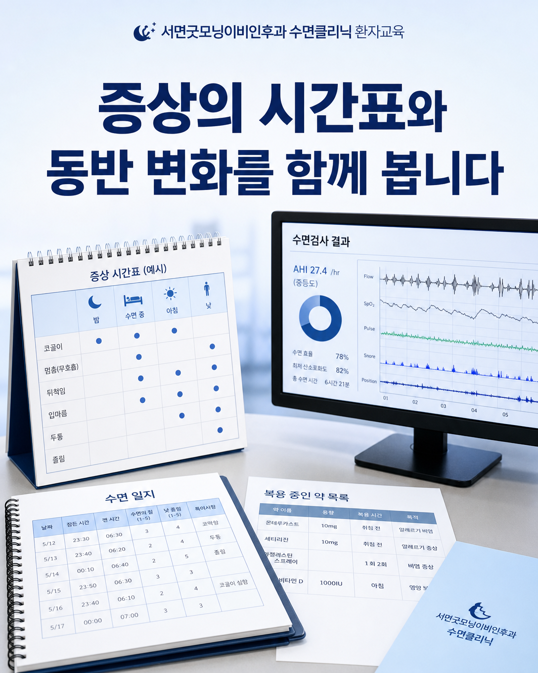 수면일지와 삽화 기록, 약 목록 및 검사 결과를 함께 살피는 진료 관점