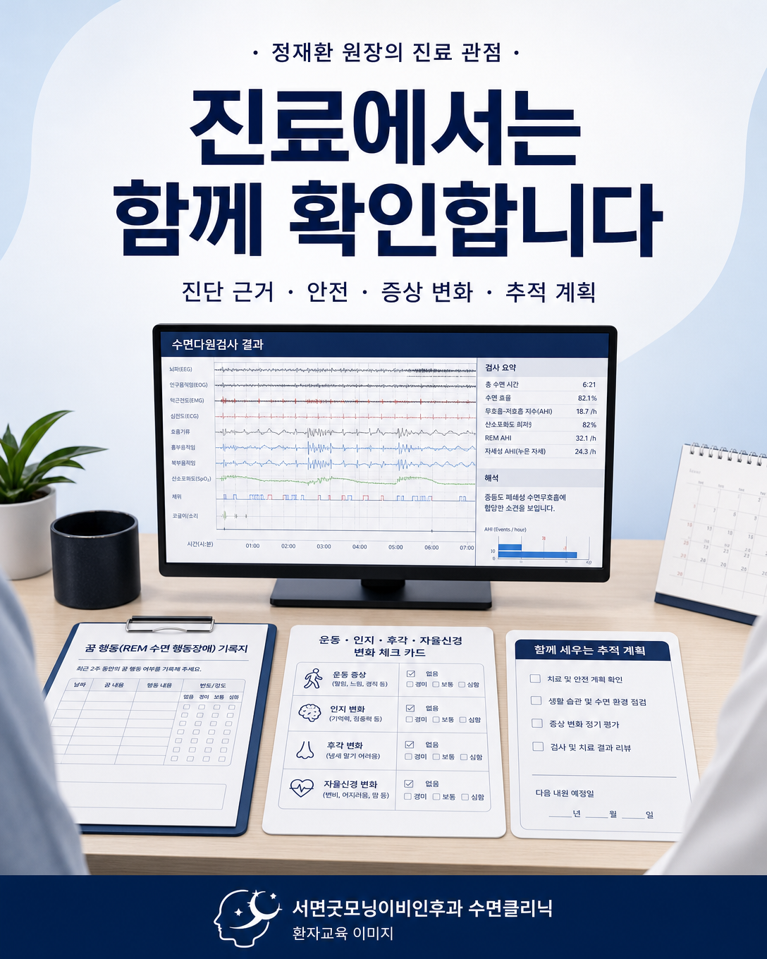 수면검사 결과와 증상 변화 및 추적 계획을 함께 검토하는 진료 관점 자료