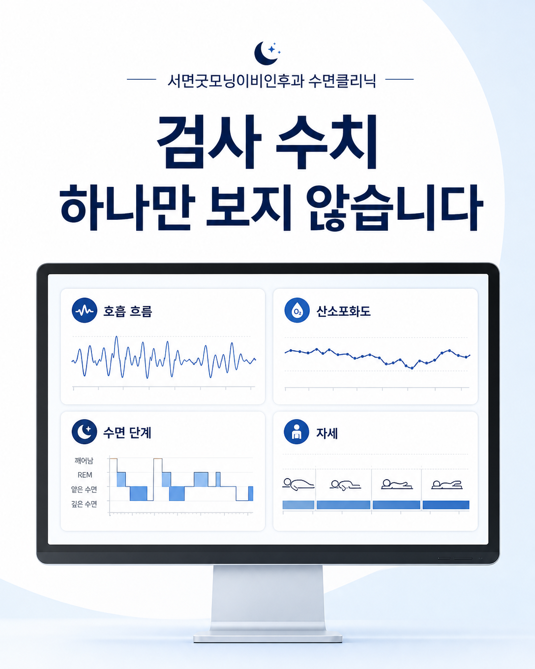 호흡과 산소포화도, 수면 단계와 자세를 종합해 수면검사 결과를 해석하는 화면