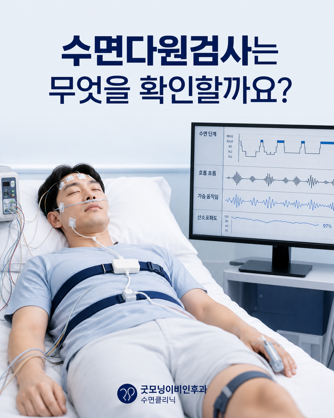 수면다원검사 센서와 수면 중 호흡 신호 측정 과정을 보여주는 이미지