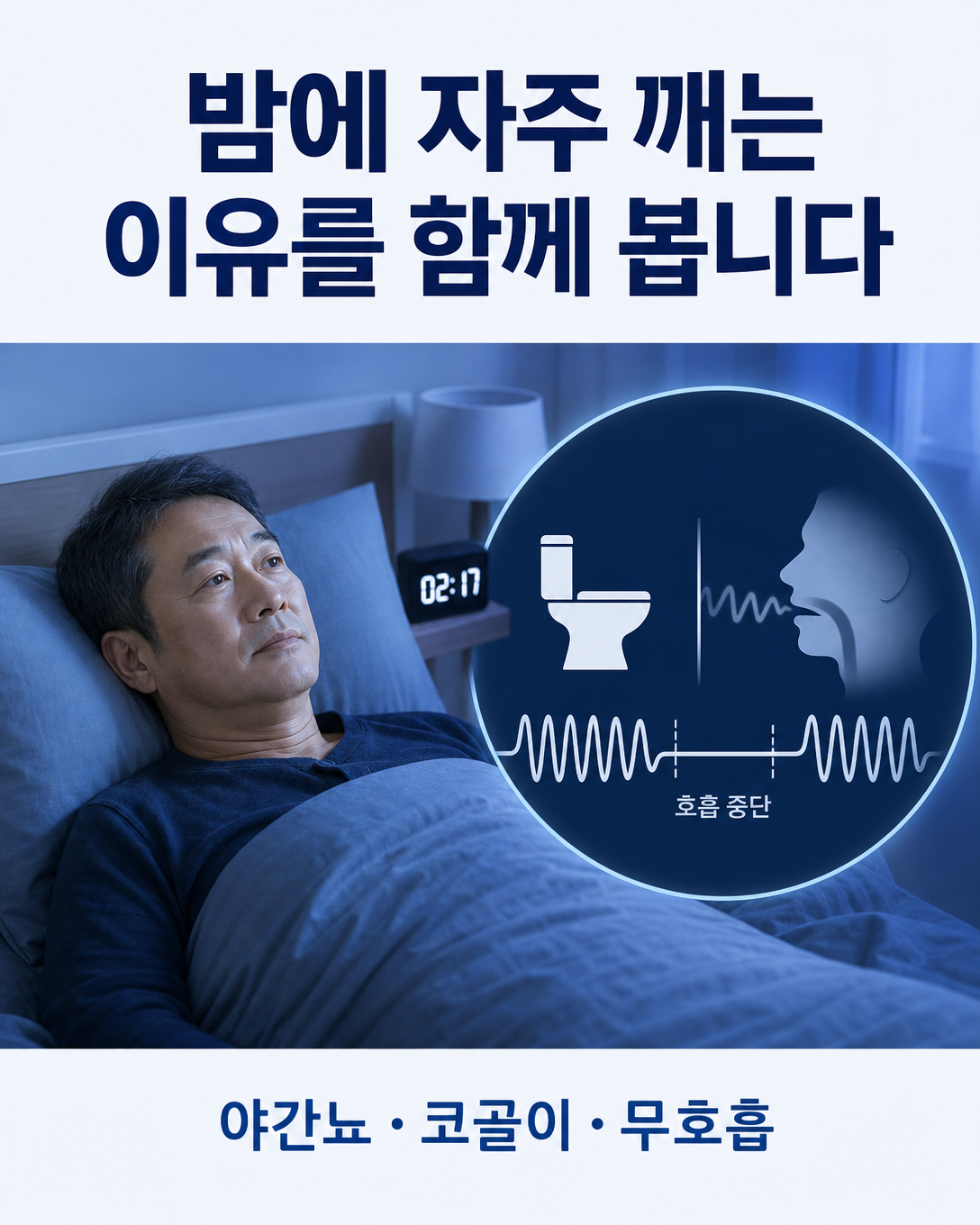 야간뇨와 함께 확인할 코골이, 무호흡, 반복 각성을 표현한 이미지