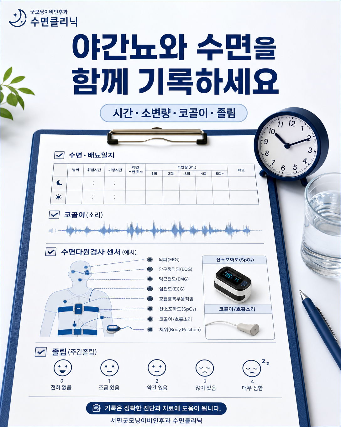 수면 시간, 야간 소변량, 코골이와 졸림을 함께 기록하는 방법을 보여주는 이미지