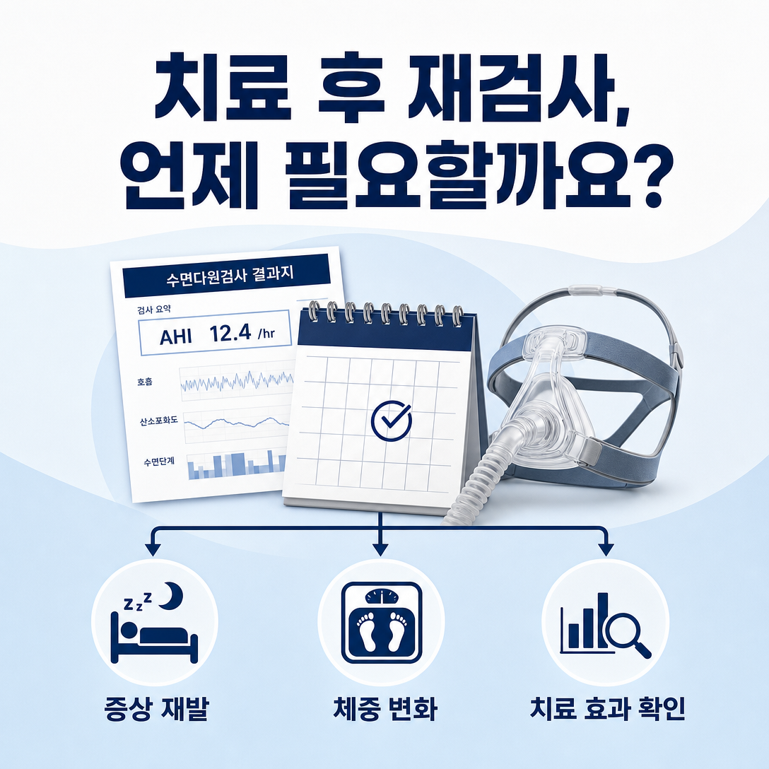 수면무호흡증 치료 후 증상 재발, 체중 변화, 치료 효과에 따라 재검사 필요성을 판단하는 인포그래픽