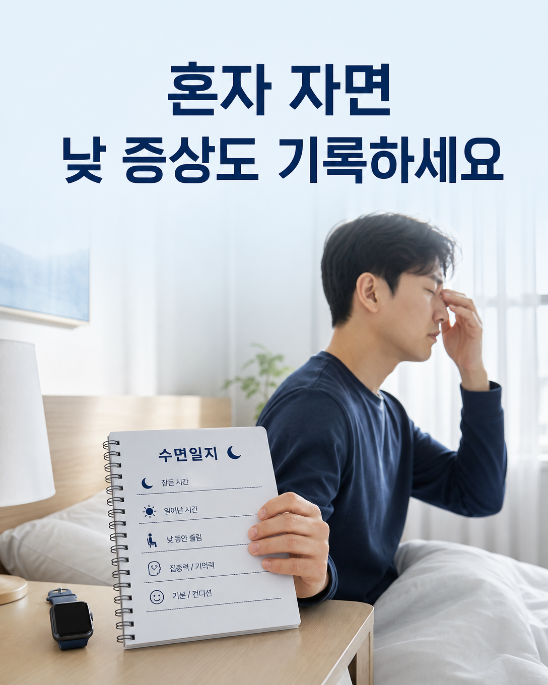 혼자 자는 사람이 수면시간과 아침 증상, 낮 졸림을 기록하는 모습