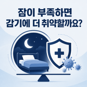 수면 부족과 감기·감염 위험의 관련성을 침대와 면역 방패로 표현한 대표 이미지