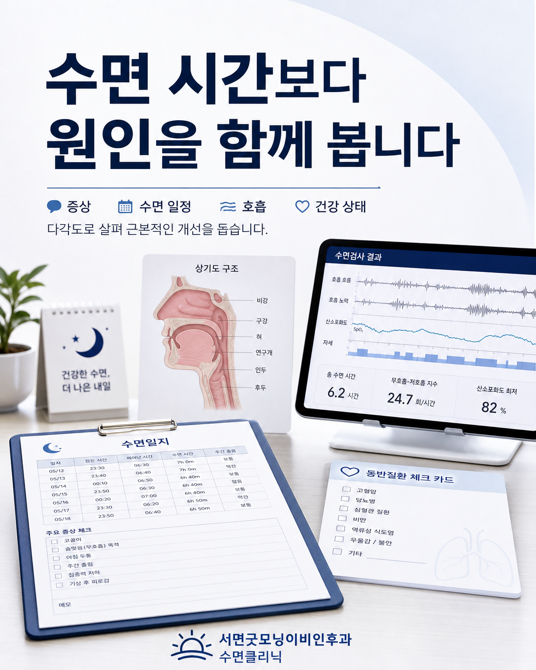 수면 시간과 호흡, 수면 기록, 동반질환을 함께 살펴보는 정재환 원장의 진료 관점 이미지