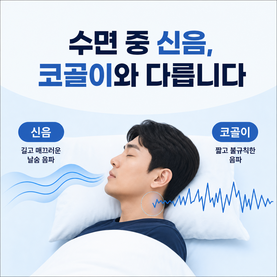수면 중 긴 날숨의 신음 소리와 불규칙한 코골이 음파를 비교한 대표 이미지