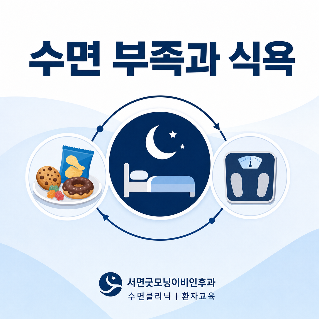 수면 부족과 식욕 및 체중관리의 연관성을 나타낸 대표 인포그래픽