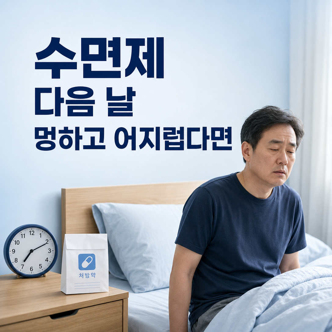 수면제 복용 다음 날 멍함과 어지럼을 느껴 침대 가장자리에 앉아 상태를 확인하는 성인